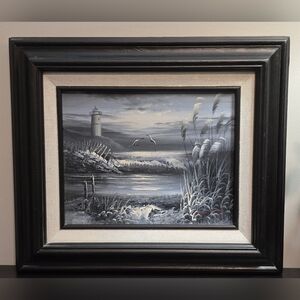 Vtg Original Framed Oil Painting H. Gailey Monotone Coastal Lighthouse Moon